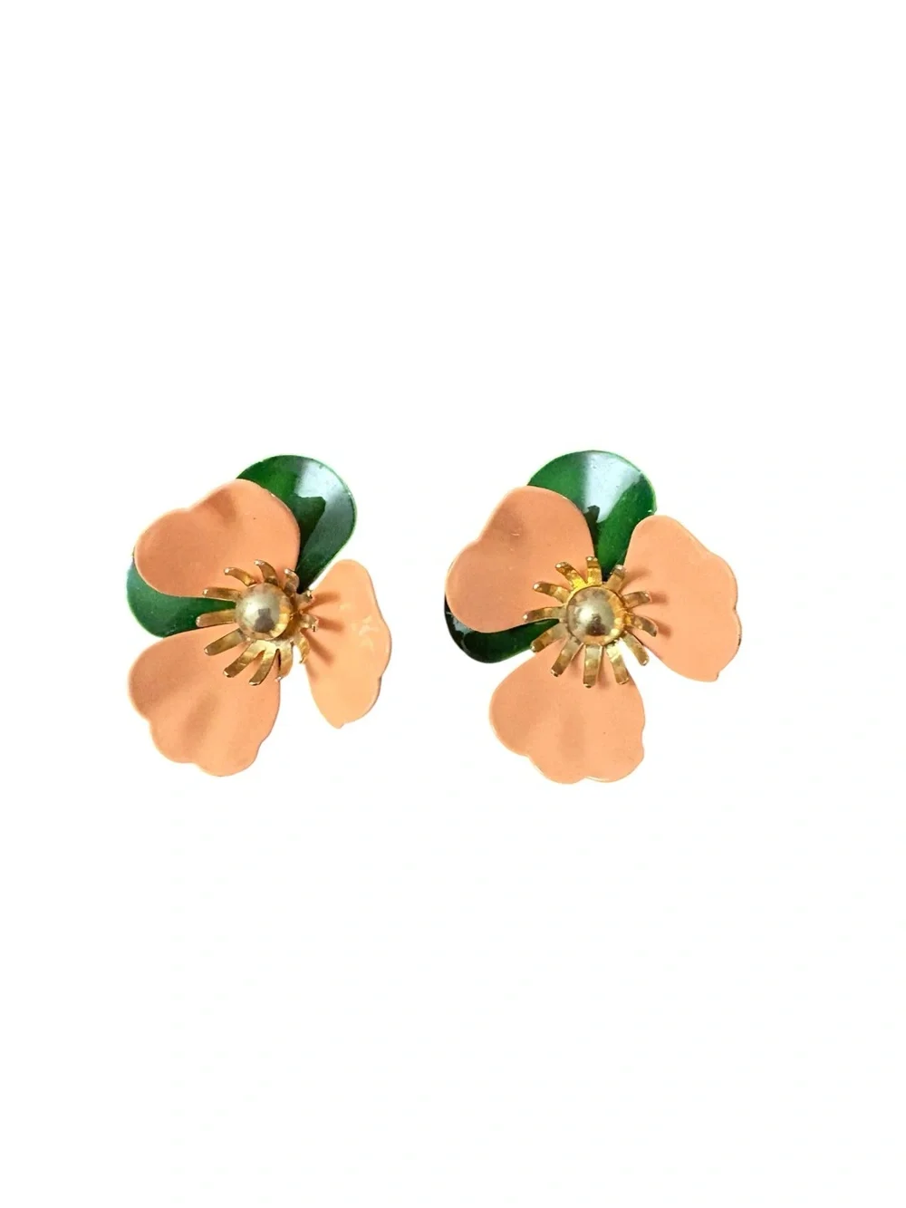 Vintage Sarah Coventry Tahitian Flower Clip On Earrings Peach Green Enamel 1969